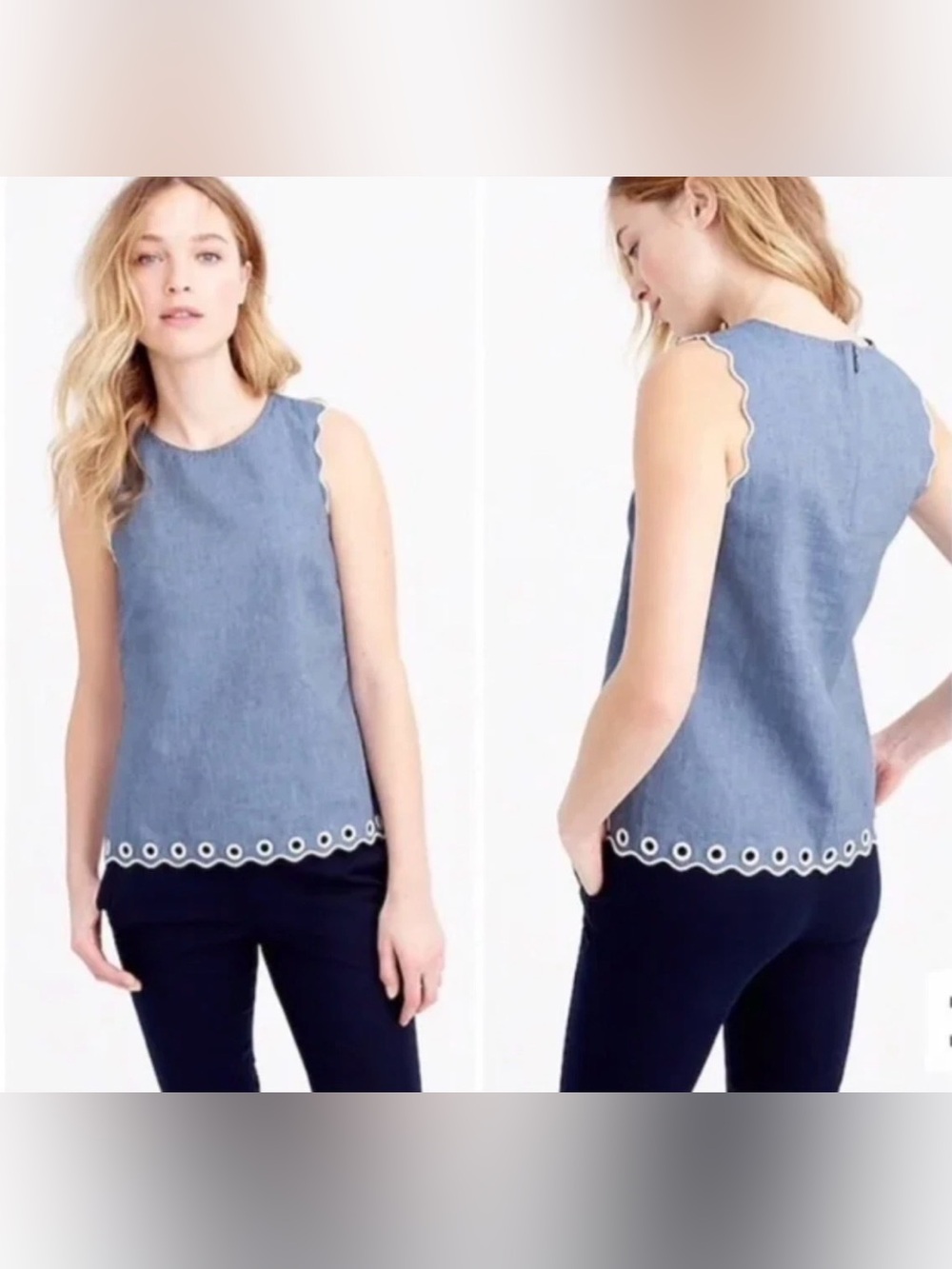 J. Crew blue chambray scallop edge grommet sleeveless top size 4